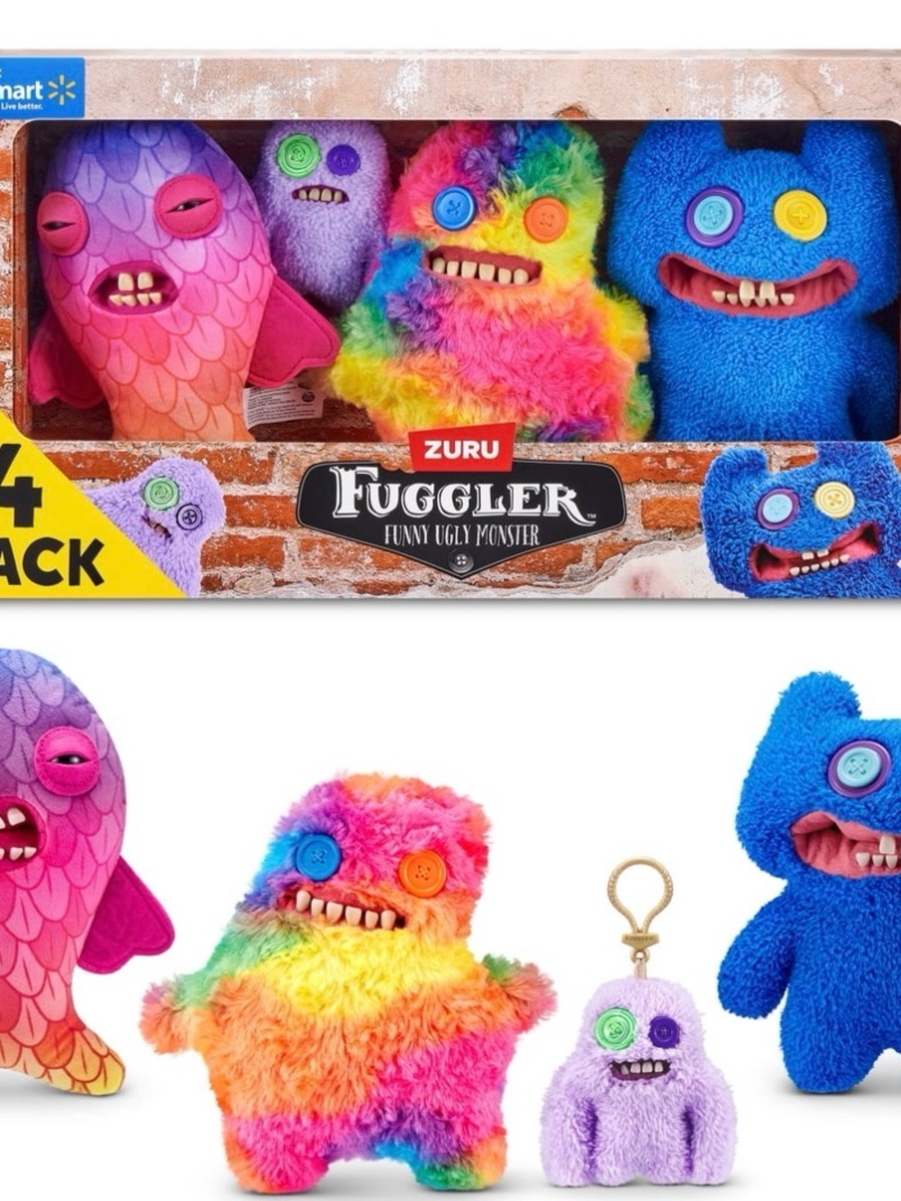 ZURU Fuggler 4-Pack Kids Plush Monsters - Rainbow, Blue, Pink, Purple